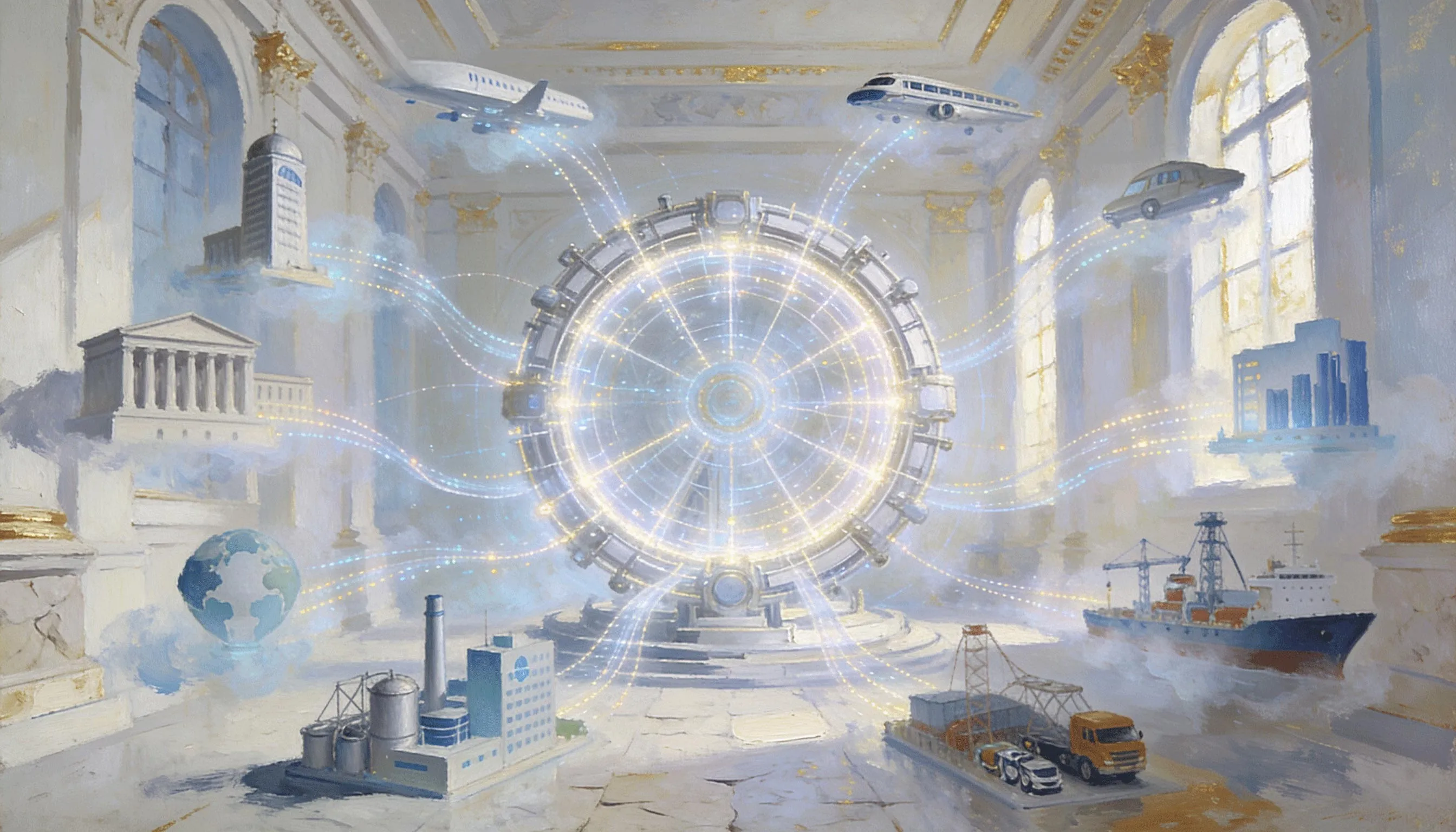 Painting of a glowing machine in a grand hall, drawing a bank, a factory, a ship, a train and a plane towards it